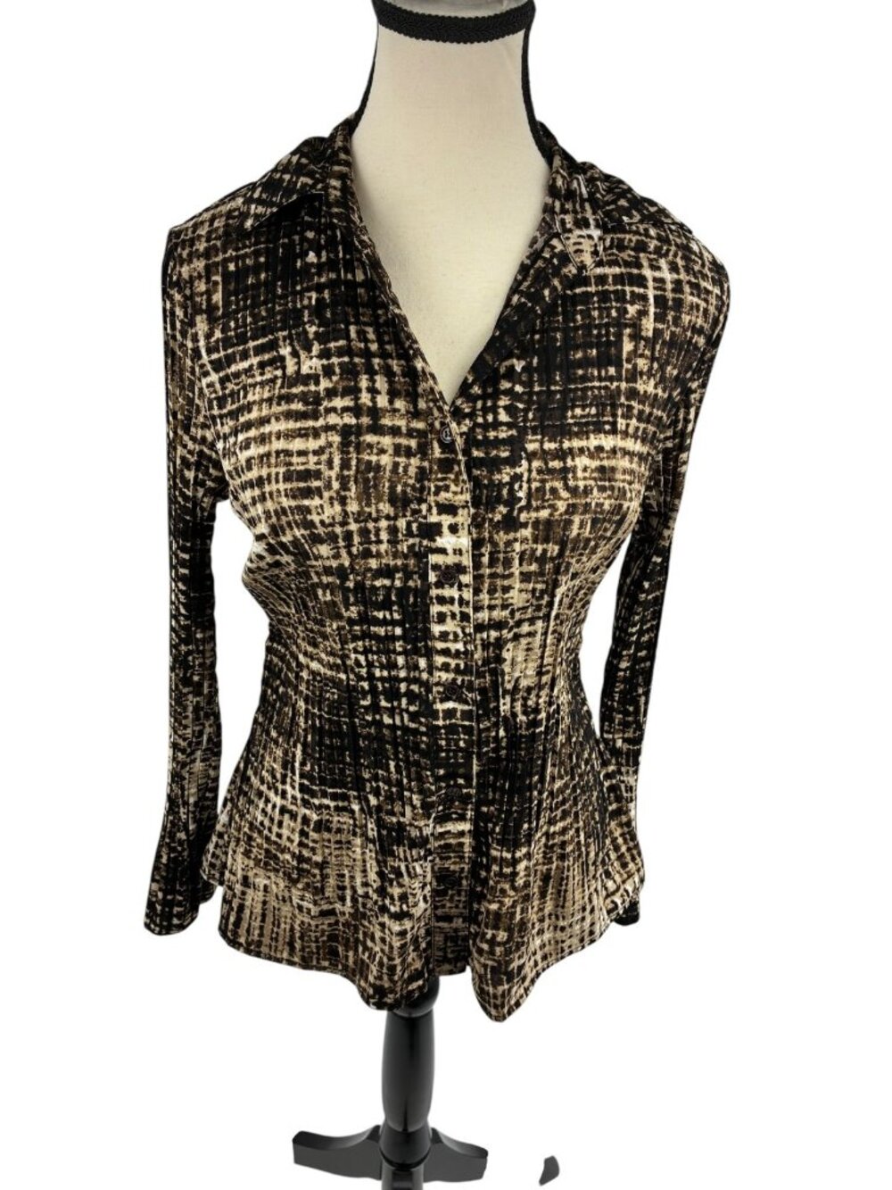 East 5th Petite PM Womens Brown Black Abstract Pleated Button Front Blouse Top